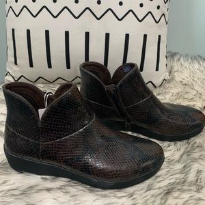 Fitflop chocolate snake print ankle boots.